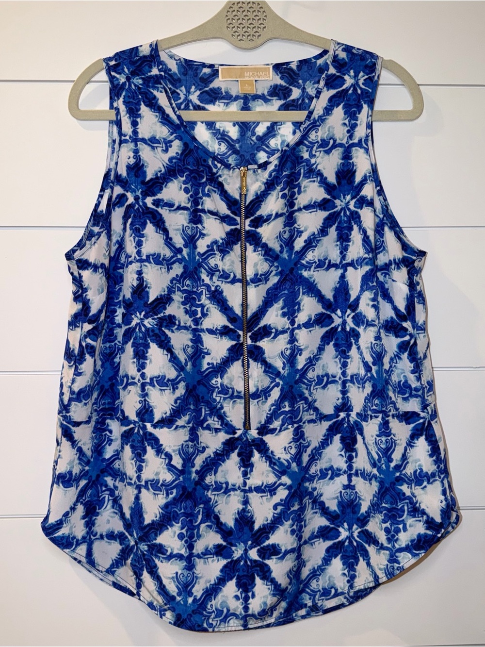Michael Kors Blue White Starburst Tile Zip Blouse Top Resortwear Rich Mom Large